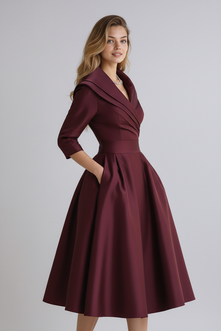 Women's Shirt Midi Dress with Collared Neckline and Full Skirt