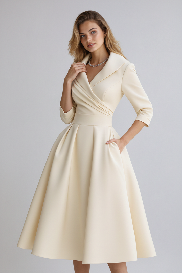Women's Shirt Midi Dress with Collared Neckline and Full Skirt
