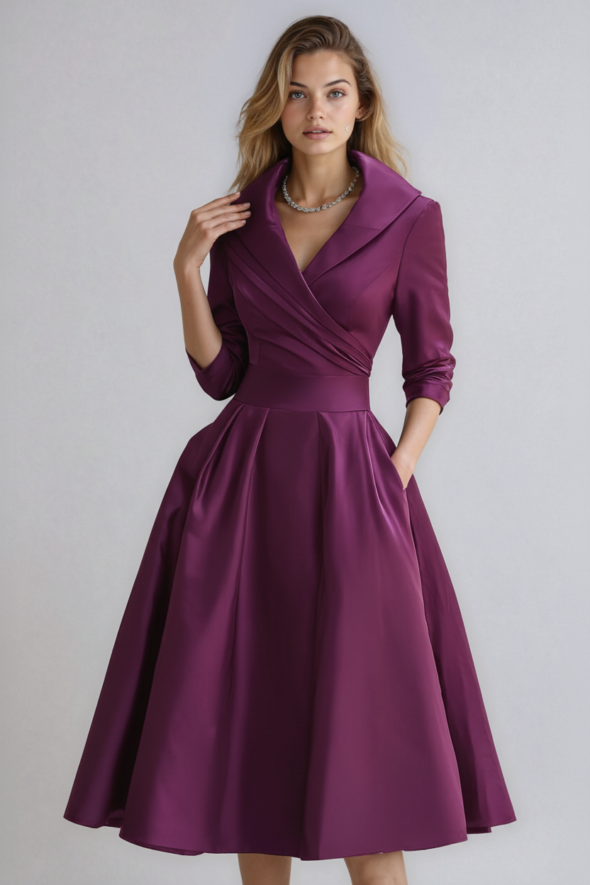 Women's Shirt Midi Dress with Collared Neckline and Full Skirt