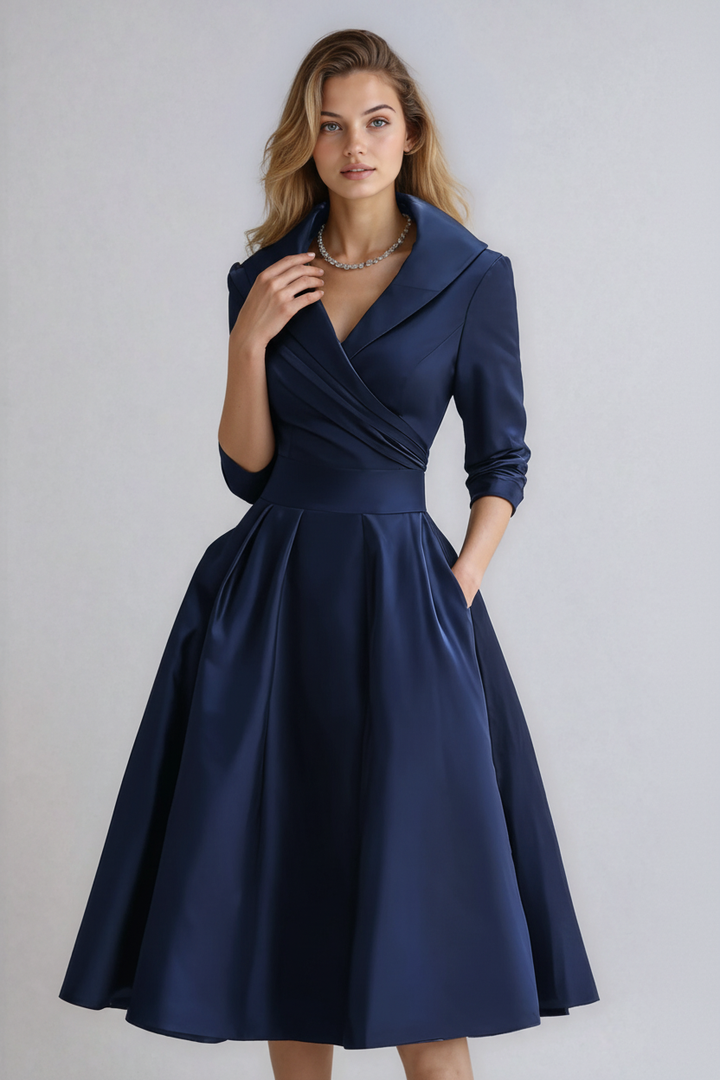 Women's Shirt Midi Dress with Collared Neckline and Full Skirt