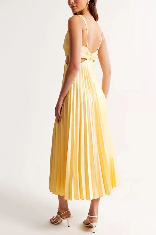 Women's Wedding Guest Midi Dress with V Neck and Pleated Skirt