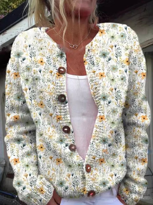 Women's Floral Knit Cardigan with Round Neck and Button Front