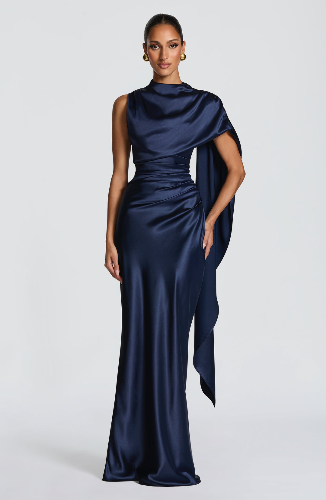 Women's Evening Maxi Dress with Draped Cowl Neck and Cap Sleeves