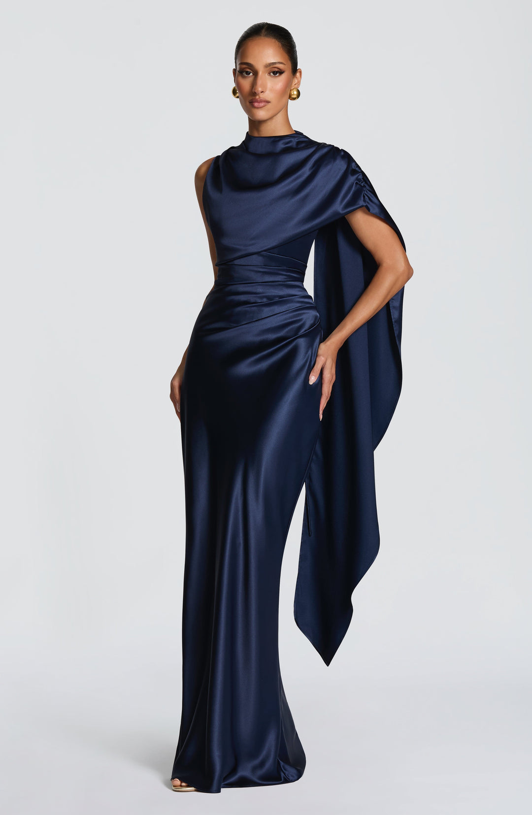 Women's Evening Maxi Dress with Draped Cowl Neck and Cap Sleeves