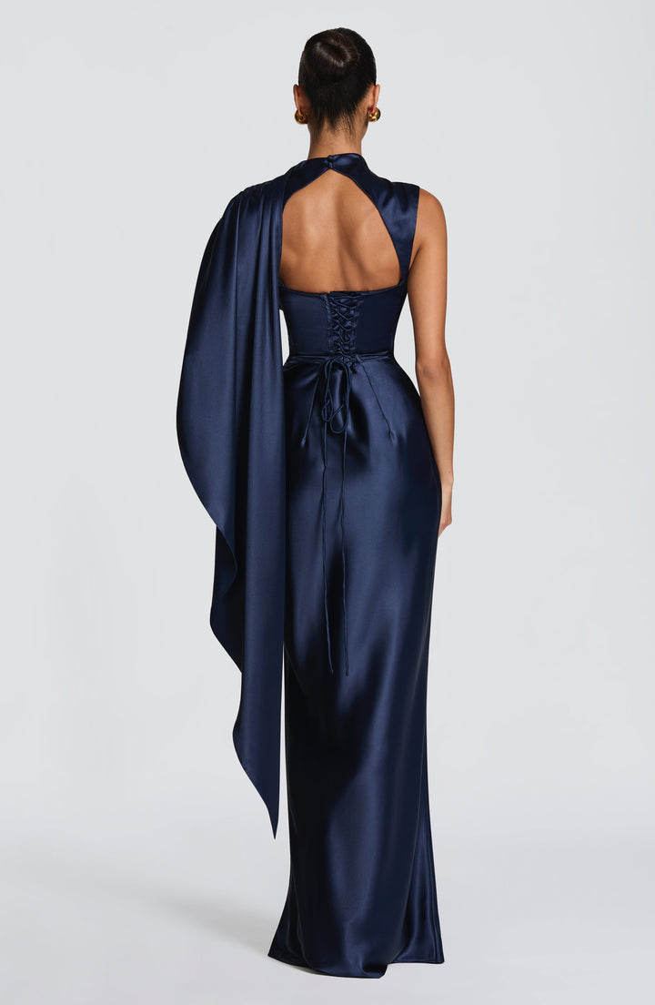 Women's Evening Maxi Dress with Draped Cowl Neck and Cap Sleeves