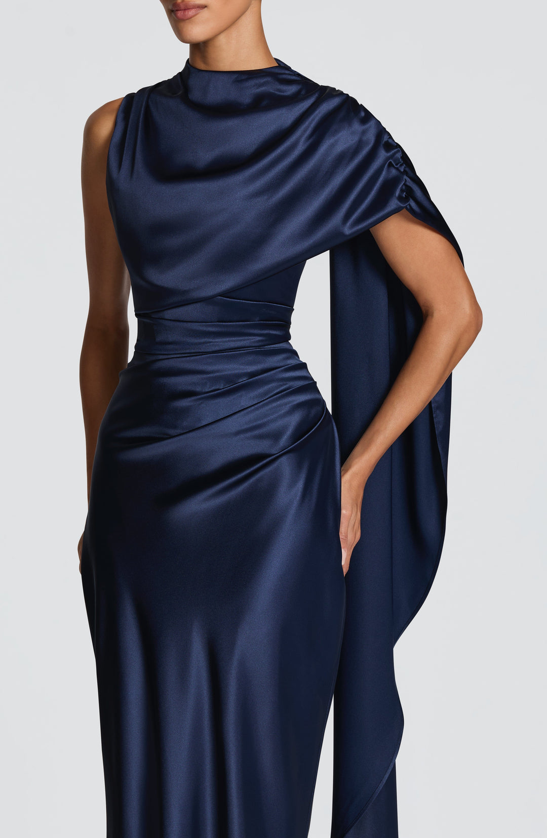 Women's Evening Maxi Dress with Draped Cowl Neck and Cap Sleeves