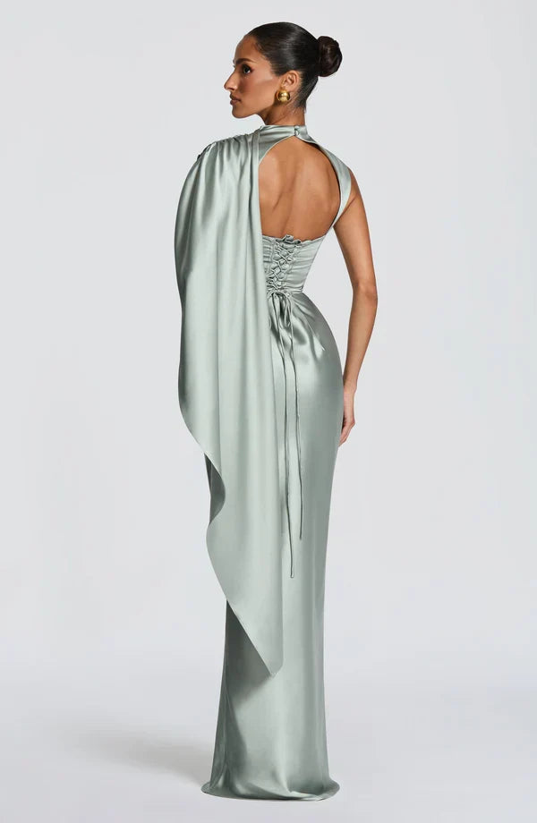 Women's Evening Maxi Dress with Draped Cowl Neck and Cap Sleeves