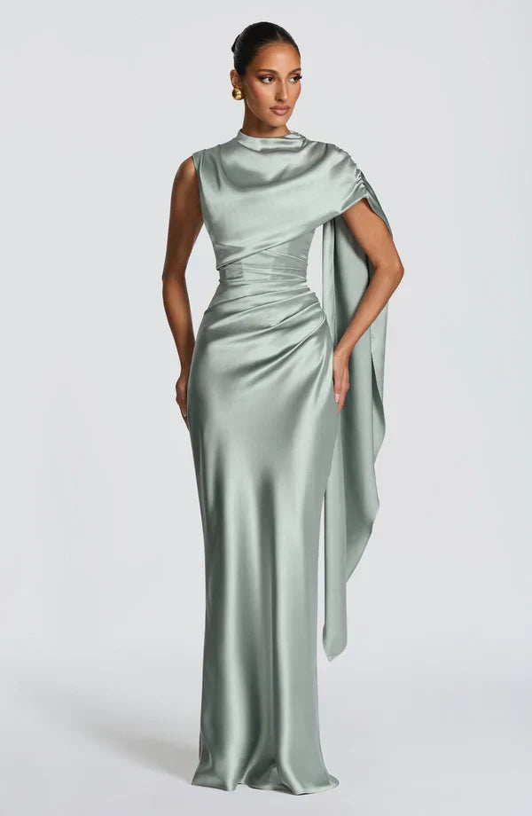 Women's Evening Maxi Dress with Draped Cowl Neck and Cap Sleeves