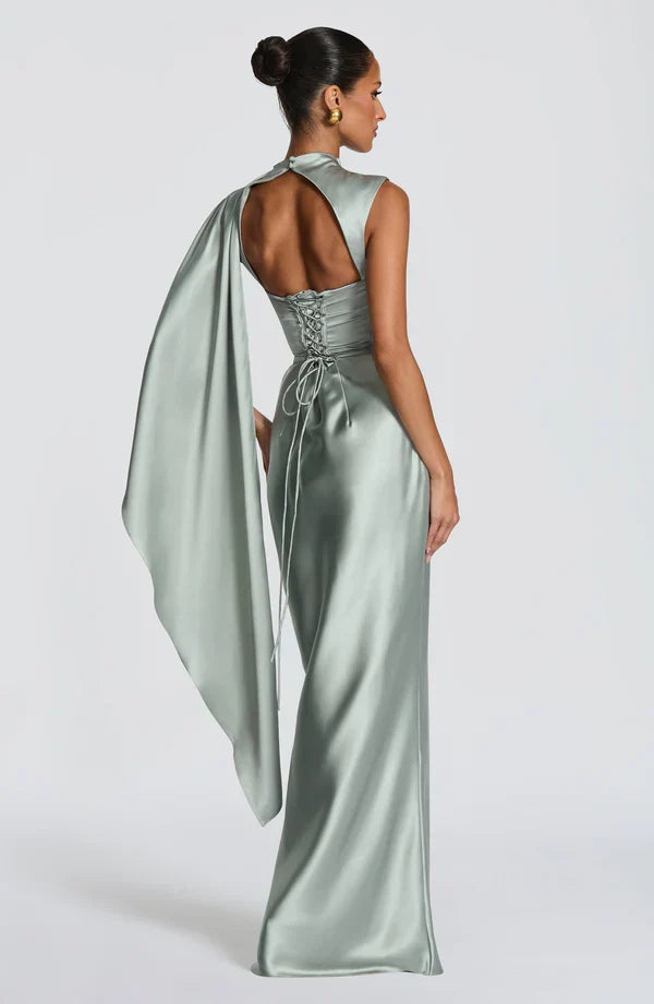 Women's Evening Maxi Dress with Draped Cowl Neck and Cap Sleeves