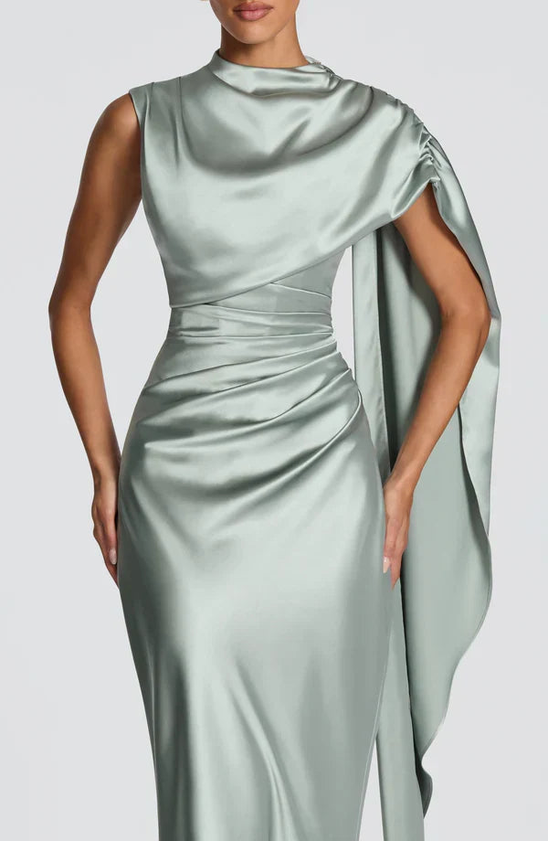Women's Evening Maxi Dress with Draped Cowl Neck and Cap Sleeves