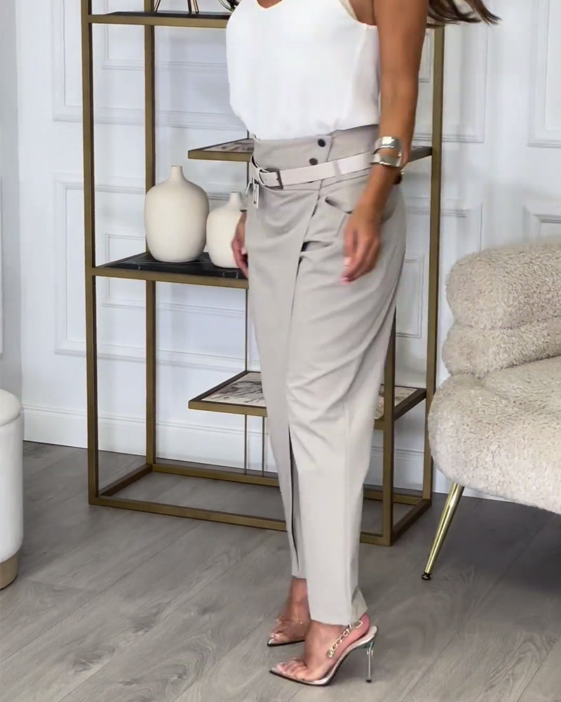 Women's Slim Fit Trousers with Mid Rise Waist and Belt Detail