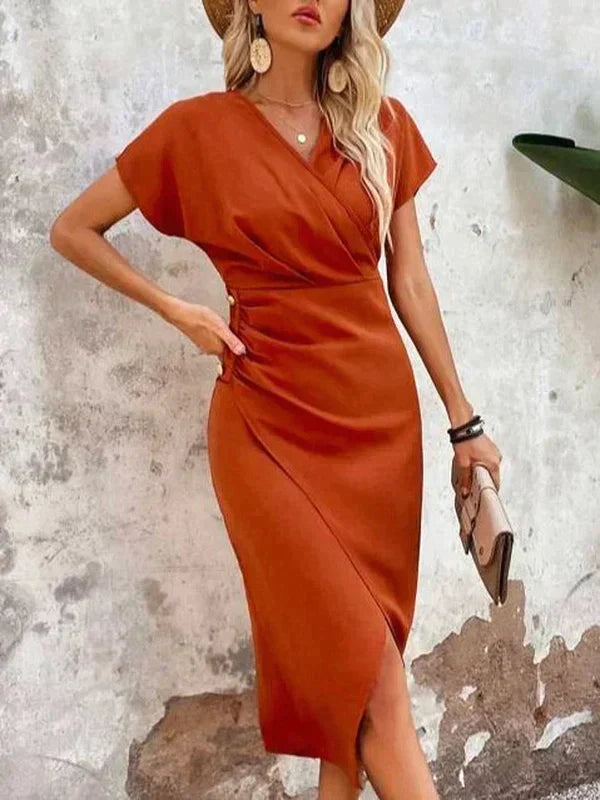 Women's Wrap Midi Dress with Collared Neck and Short Sleeves