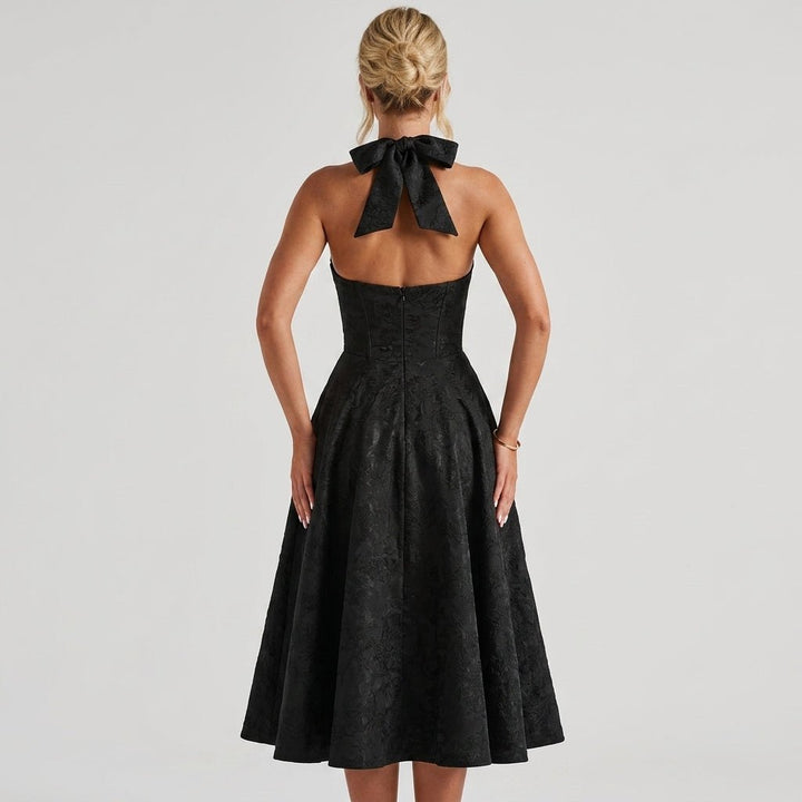 Women's Wedding Guest Halter Midi Dress with A-Line Skirt