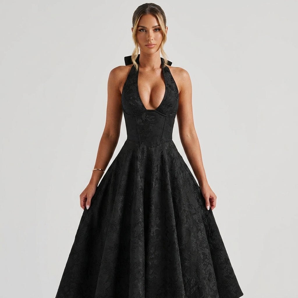 Women's Wedding Guest Halter Midi Dress with A-Line Skirt