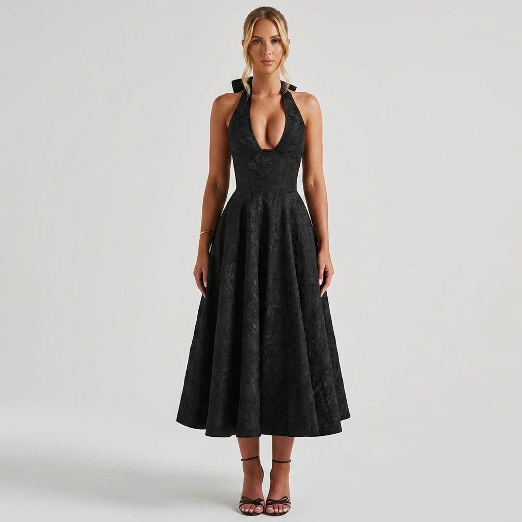 Women's Wedding Guest Halter Midi Dress with A-Line Skirt