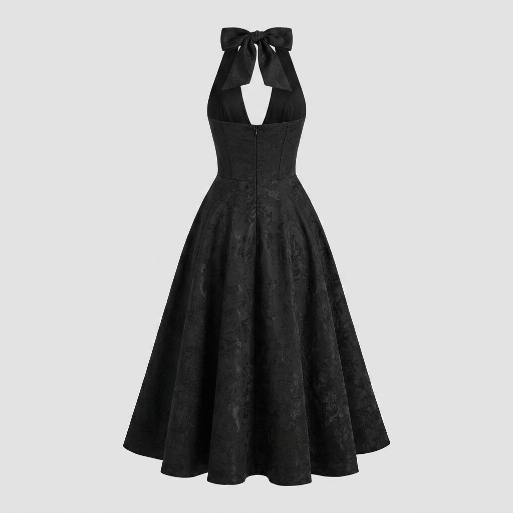 Women's Wedding Guest Halter Midi Dress with A-Line Skirt