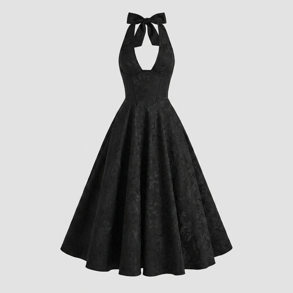 Women's Wedding Guest Halter Midi Dress with A-Line Skirt