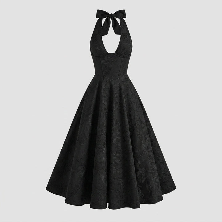 Women's Wedding Guest Halter Midi Dress with A-Line Skirt