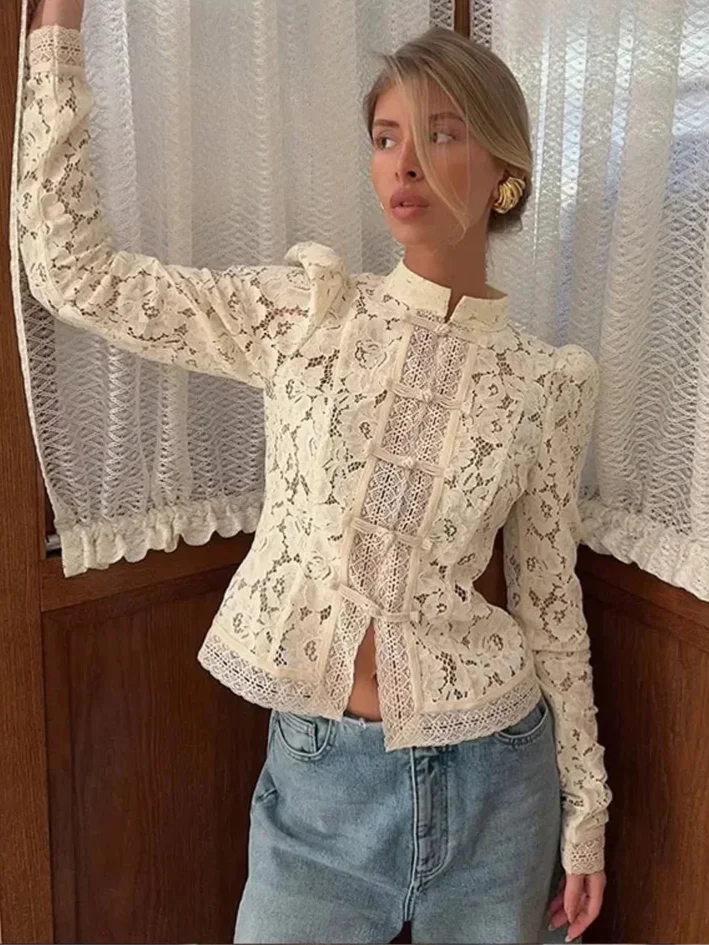 Women's Lace Blouse with High Neck and Long Sleeves