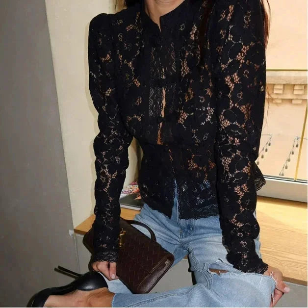 Women's Lace Blouse with High Neck and Long Sleeves