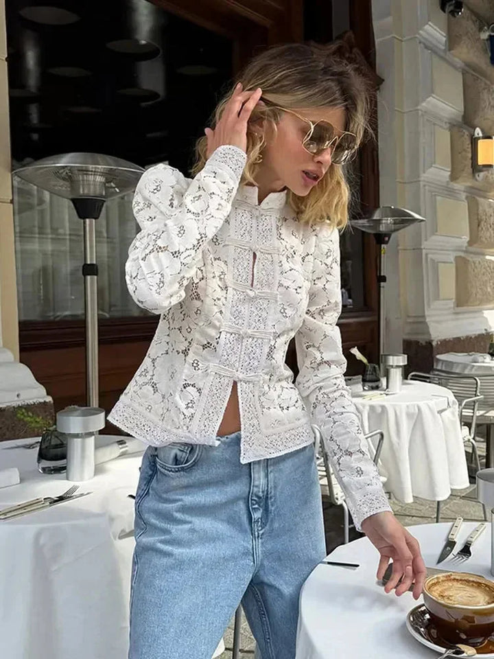 Women's Lace Blouse with High Neck and Long Sleeves