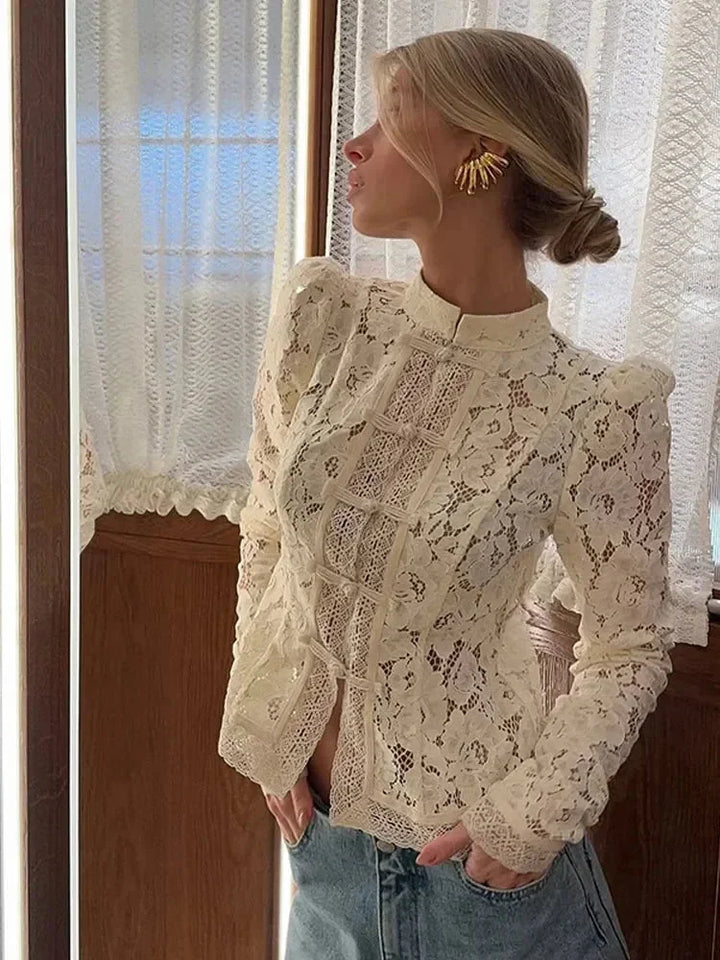 Women's Lace Blouse with High Neck and Long Sleeves