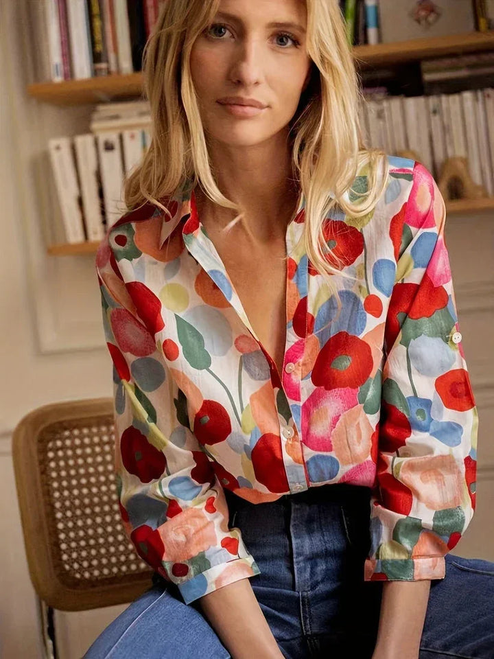 Women's Floral Blouse with Long Sleeves and Button Front