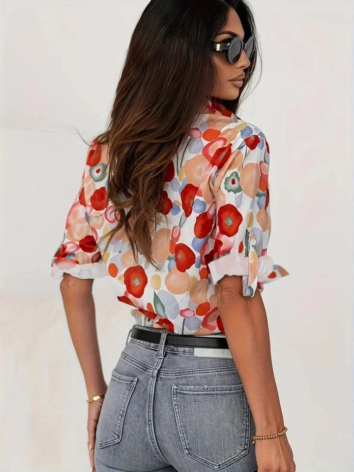 Women's Floral Blouse with Long Sleeves and Button Front