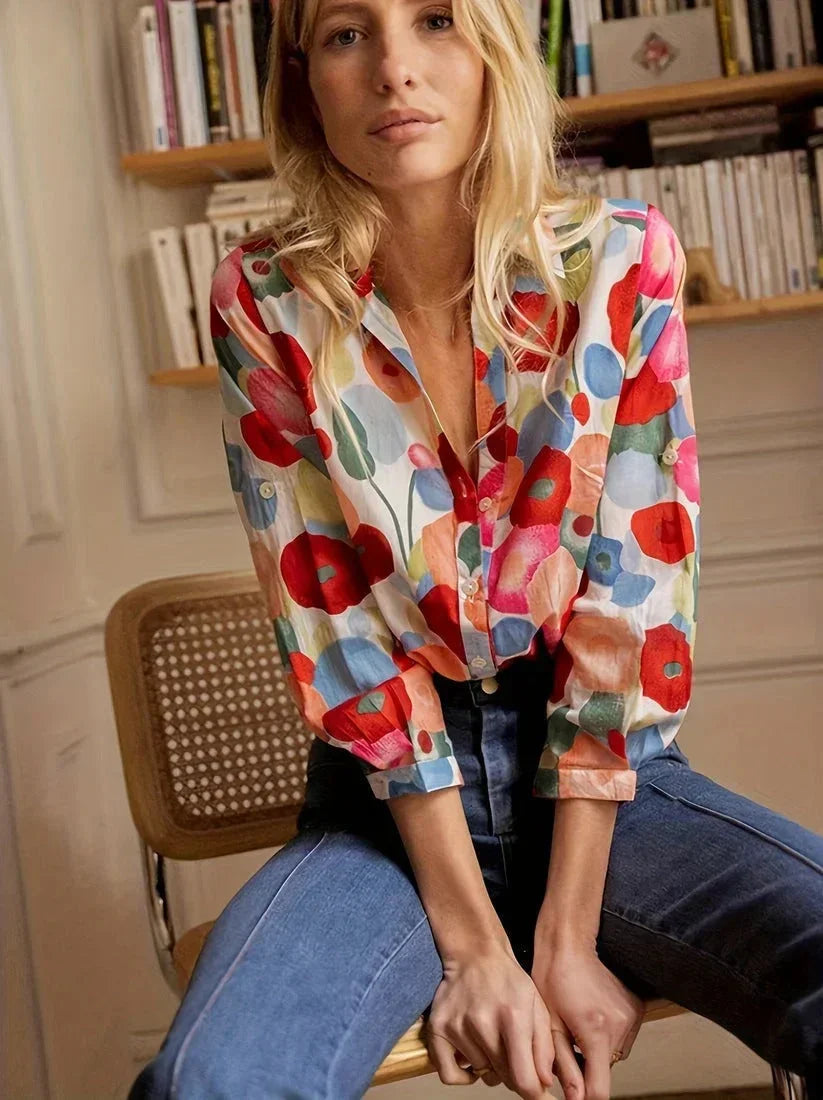 Women's Floral Blouse with Long Sleeves and Button Front