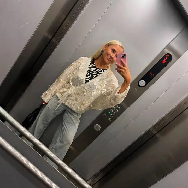 Women's Sequin Blouse with V Neck and Long Sleeves