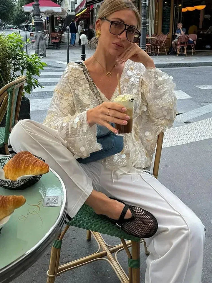 Women's Sequin Blouse with V Neck and Long Sleeves