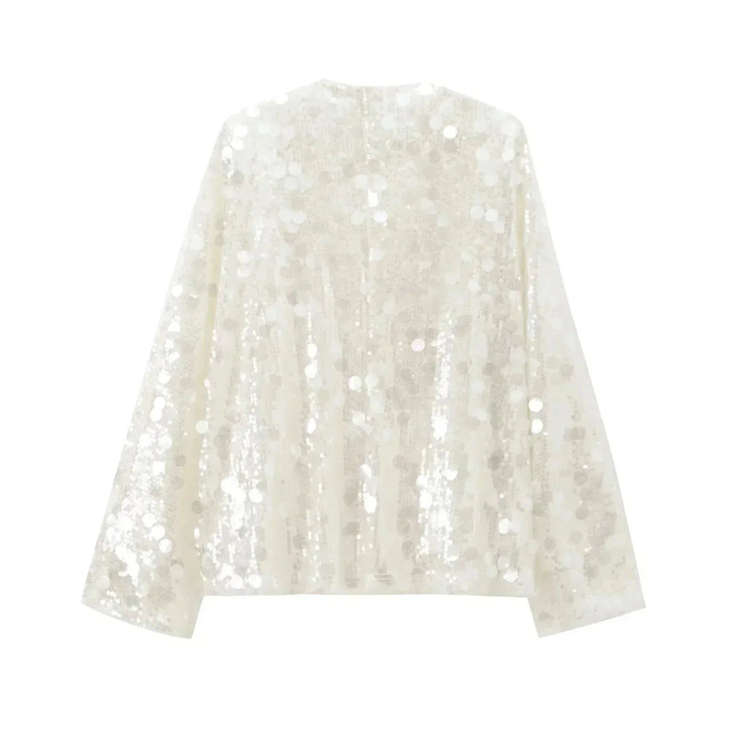 Women's Sequin Blouse with V Neck and Long Sleeves