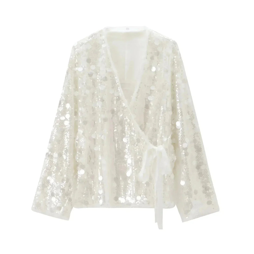 Women's Sequin Blouse with V Neck and Long Sleeves