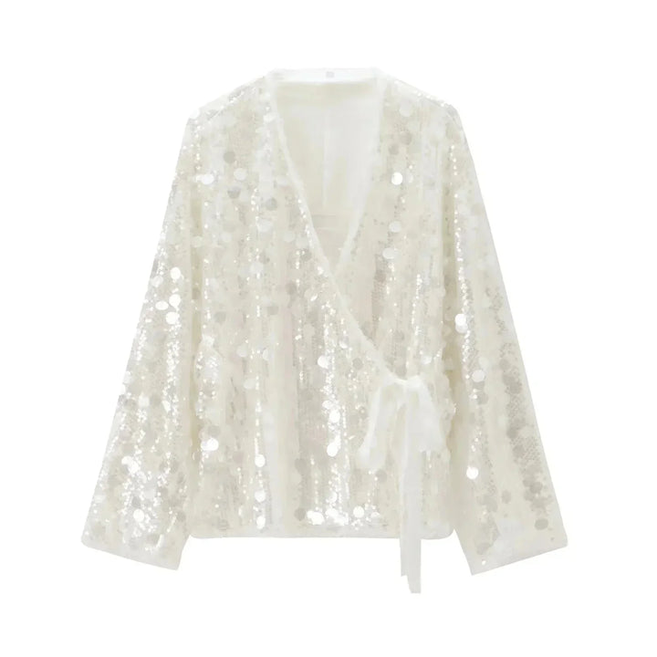 Women's Sequin Blouse with V Neck and Long Sleeves