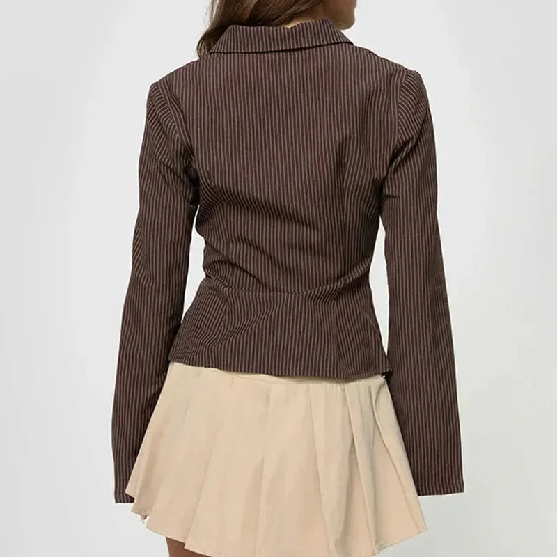 Women's Striped Blouse with Flared Sleeves and Button Front