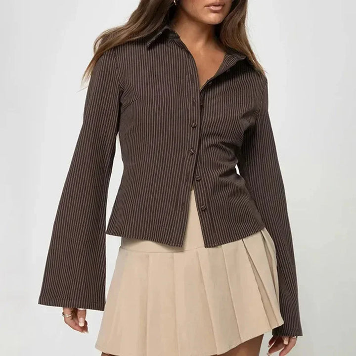 Women's Striped Blouse with Flared Sleeves and Button Front