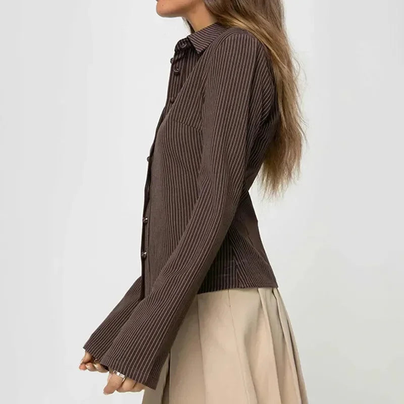 Women's Striped Blouse with Flared Sleeves and Button Front