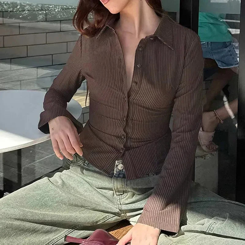 Women's Striped Blouse with Flared Sleeves and Button Front