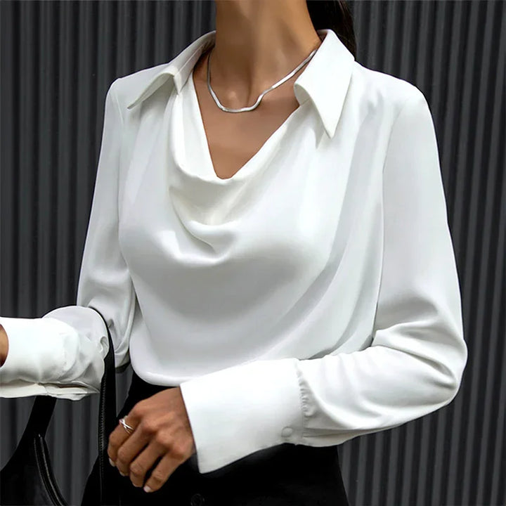 Women's Blouse with Draped Collar and Long Sleeves