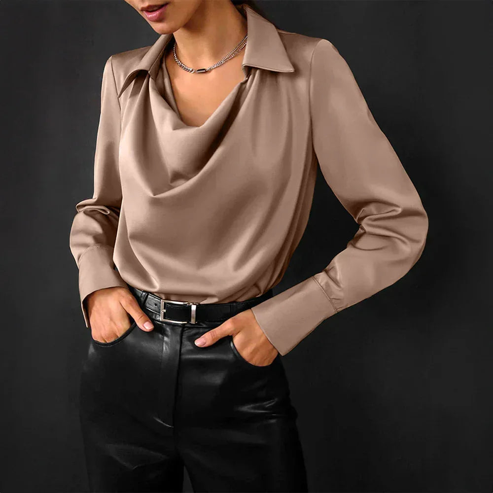 Women's Blouse with Draped Collar and Long Sleeves