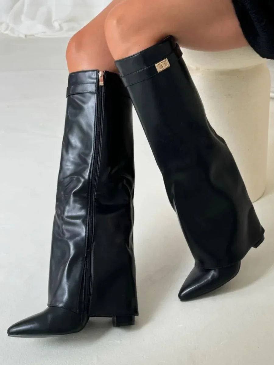 Women's Knee High Boots with Fold Over Design and Block Heel