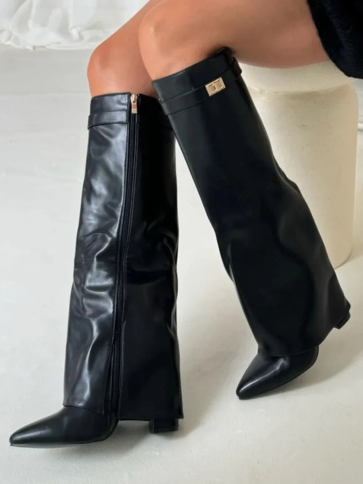 Women's Knee High Boots with Fold Over Design and Block Heel