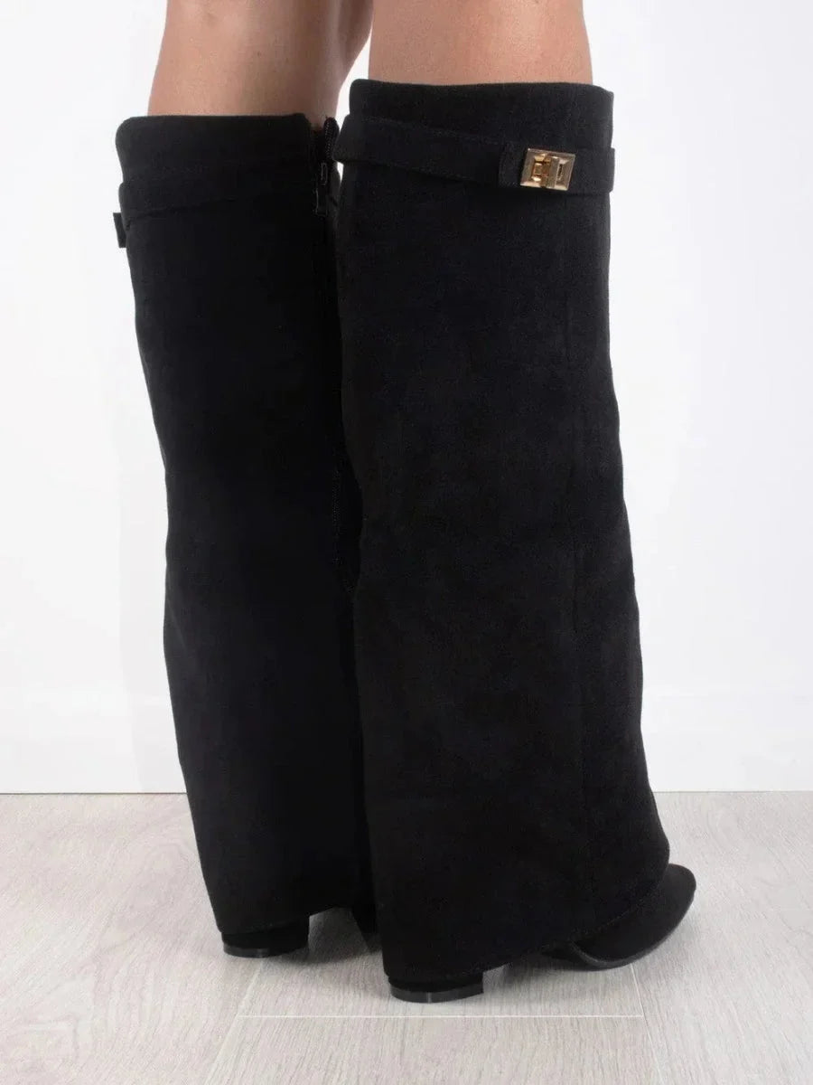 Women's Knee High Boots with Fold Over Design and Block Heel