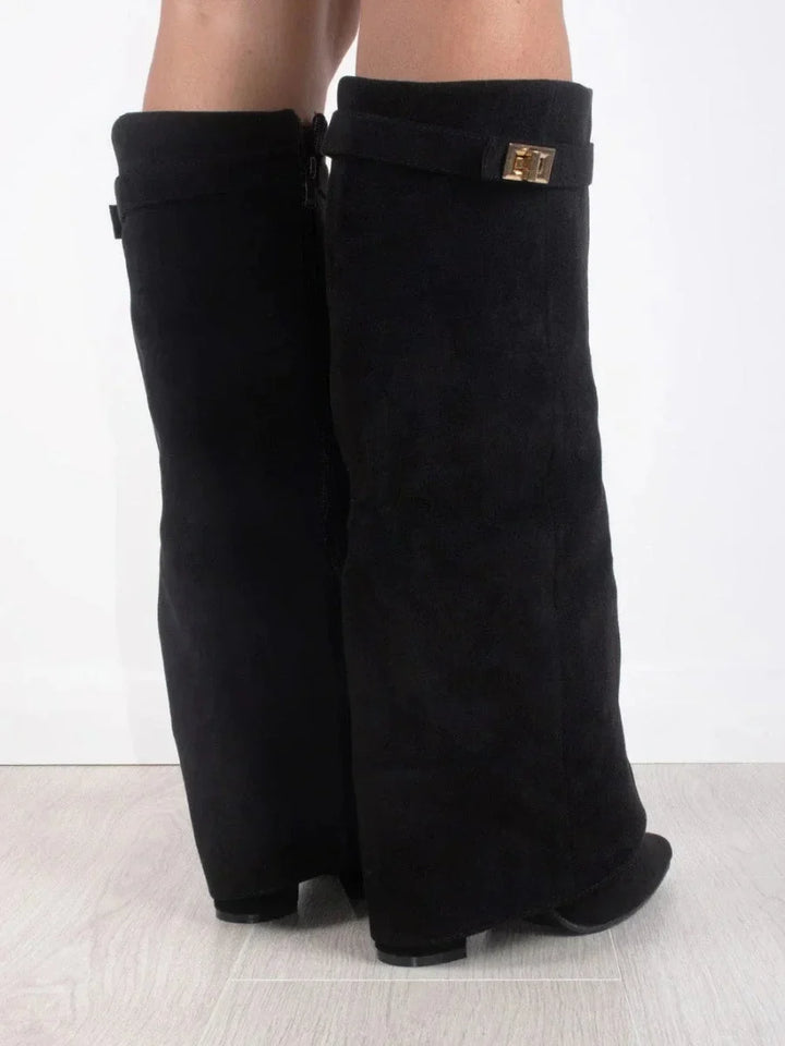 Women's Knee High Boots with Fold Over Design and Block Heel