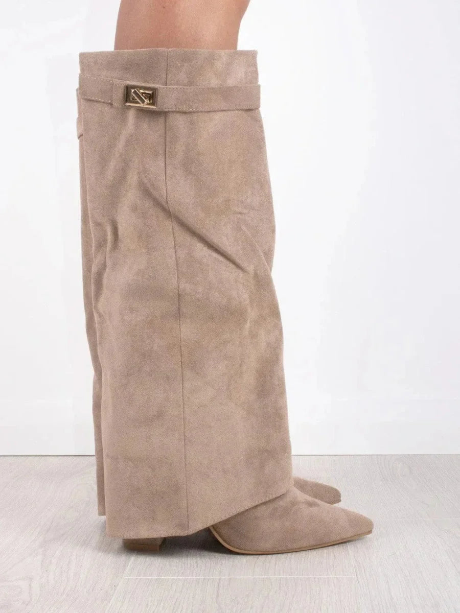 Women's Knee High Boots with Fold Over Design and Block Heel