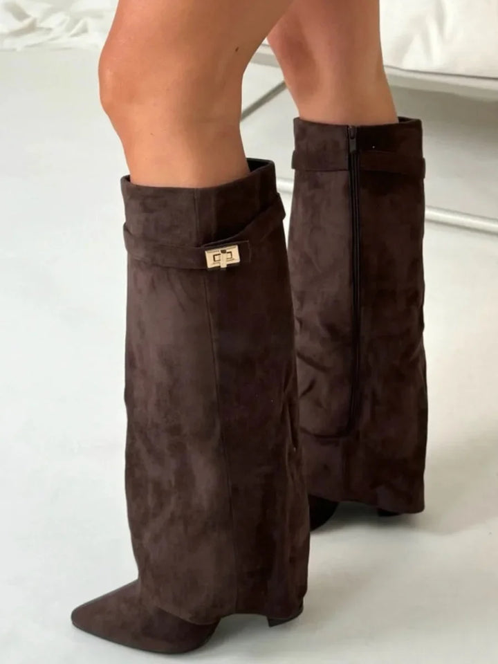Women's Knee High Boots with Fold Over Design and Block Heel