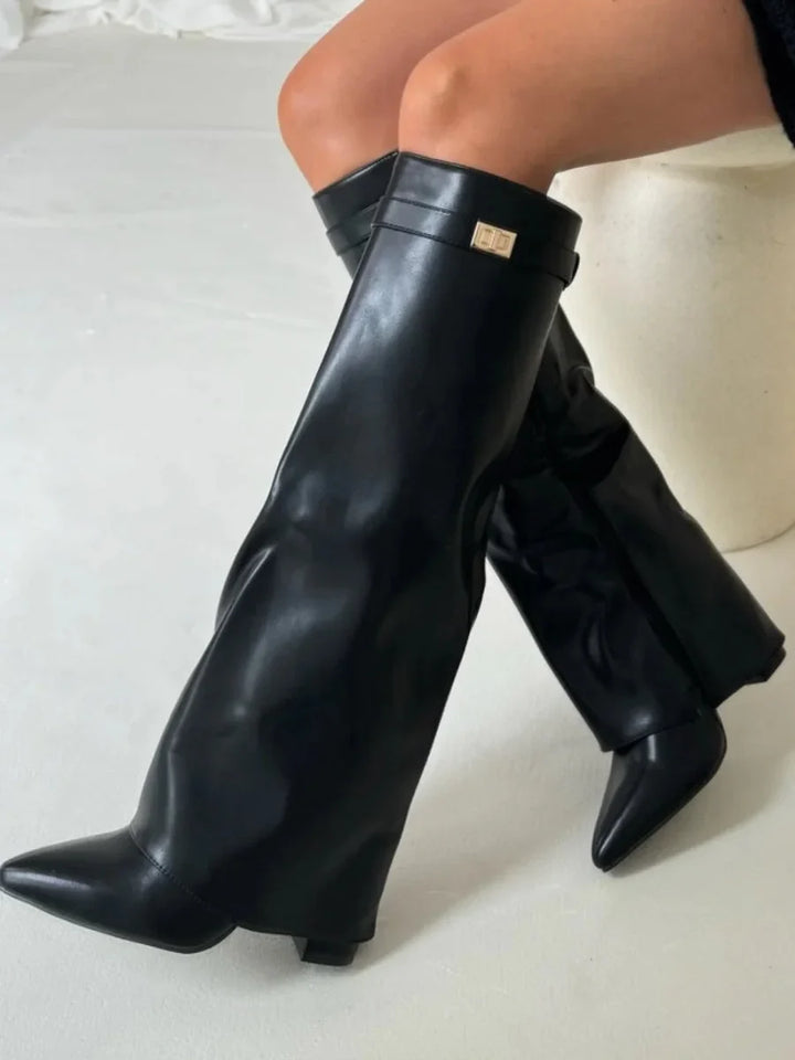 Women's Knee High Boots with Fold Over Design and Block Heel