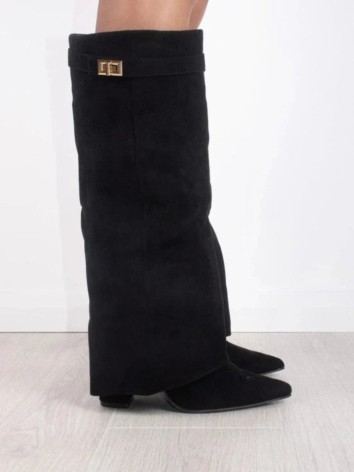 Women's Knee High Boots with Fold Over Design and Block Heel