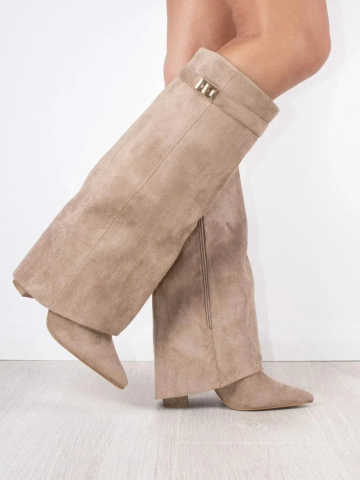 Women's Knee High Boots with Fold Over Design and Block Heel