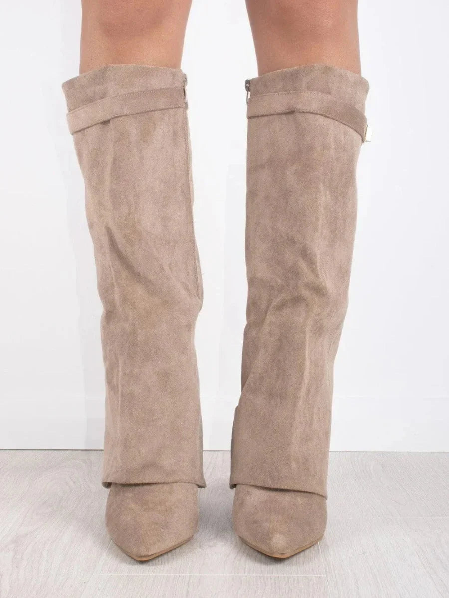 Women's Knee High Boots with Fold Over Design and Block Heel